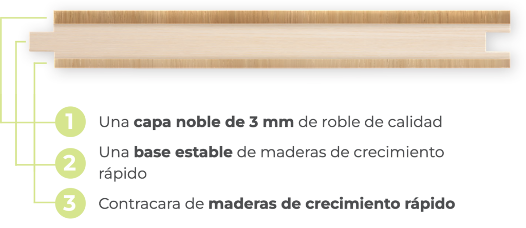 Estructura de una lama de parquet multicapa Parqet
